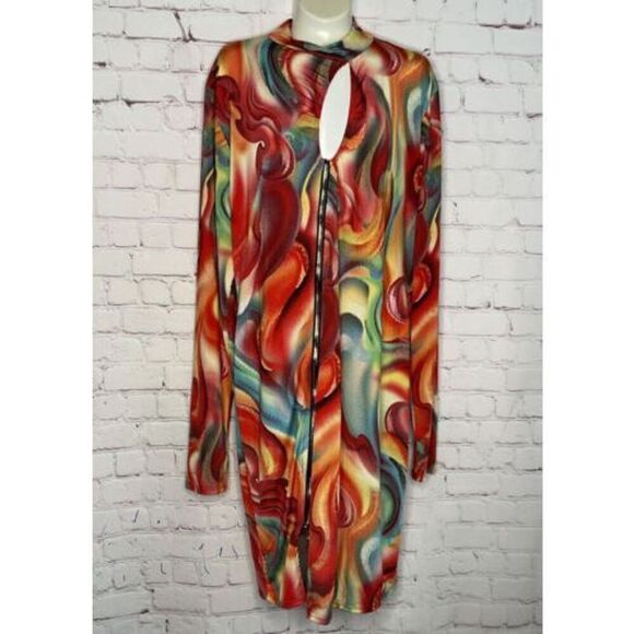Women’s Plus Size 1X Bodycon Midi Dress Keyhole Swirl Print Long‎ Sleeve - Picture 1 of 9